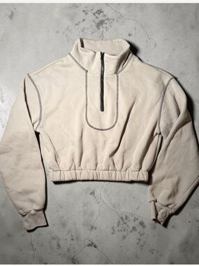 Neutral Cropped Quarter Zip Pullover Fleece Sweatshirt  Small